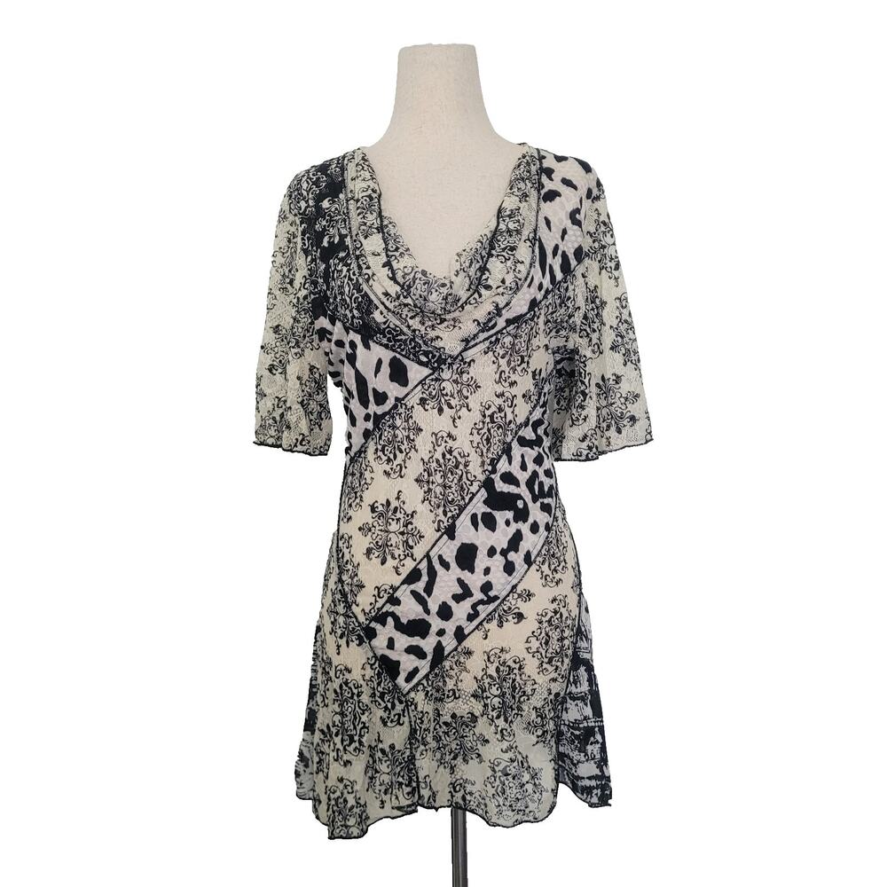 VTG Y2k Feratelli Lace Mesh Asymmetrical Top Sz M Lagenlook Grunge Artsy Whimsy